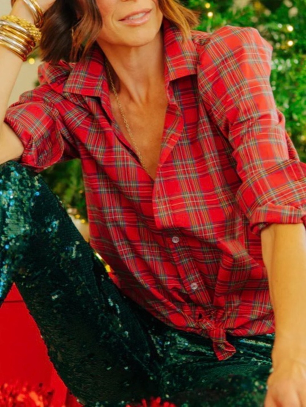 Kate Mchale Jensen Daisy Red Holiday Plaid Button-Up Blouse Small